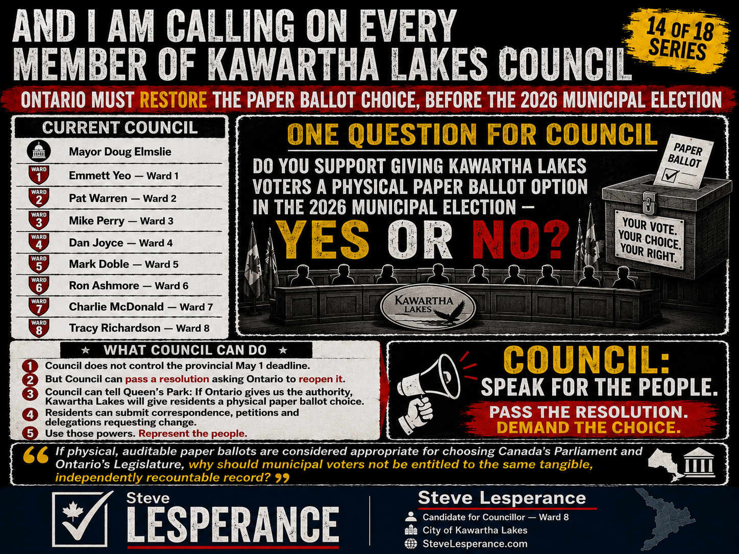 AND I AM CALLING ON EVERY MEMBER OF KAWARTHA LAKES COUNCIL